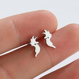 Vintage Stainless Steel Parrot Crown Stud Earrings for Couples, Unique Animal Jewelry