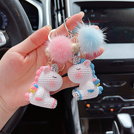 Sparkling Resin Unicorn Keychain with Cute Faux Fur Weasel Doll - Perfect for Girls' Bags and Car Keys!