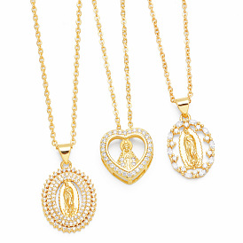 Geometric Heart Circle Madonna Mary Pendant Necklace for Women