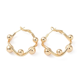 Brass Round Beaded Rhombus Hoop Earrings, with 925 Sterling Silver Pins for Women