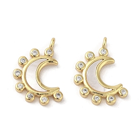 Rack Plating Brass Micro Pave Cubic Zirconia Pendants, with Shell, Moon, Long-Lasting Plated, Cadmium Free & Lead Free