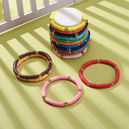 15Pcs 15 Color Handmade Polymer Clay & Brass Disc Surfer Stretch Bracelets Set, Stackable Preppy Bracelets for Women