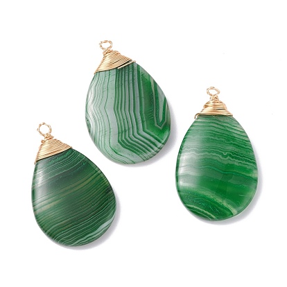 Natural Banded Agate/Striped Agate Pendants, with Light Gold Tone Copper Wire, Sea Green, Teardrop