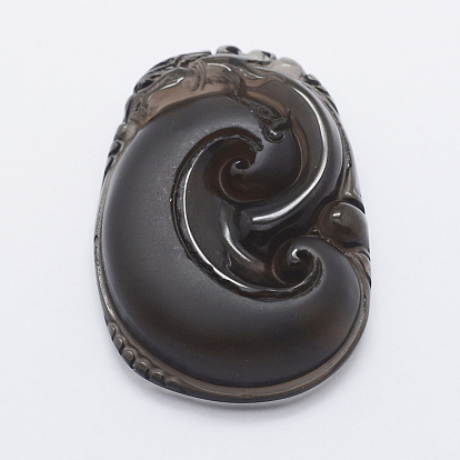 Carved Natural Obsidian Pendants, Flat Oval