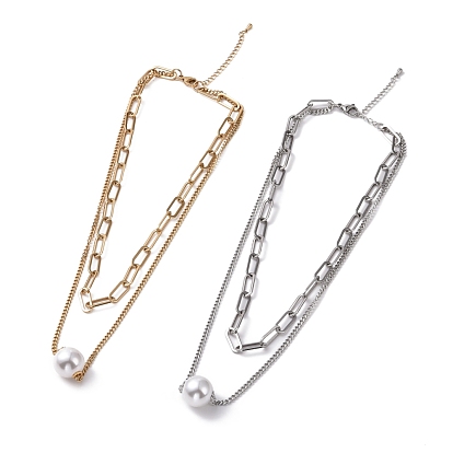 304 двойные цепи из нержавеющей стали, многослойные ожерелья с пластиковыми жемчужными бусинами для женщин