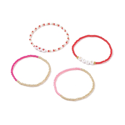 4Pcs 4 Style Heart & Word Kiss Plastic Beaded Stretch Bracelets Set, Glass Seed Bracelets for Women
