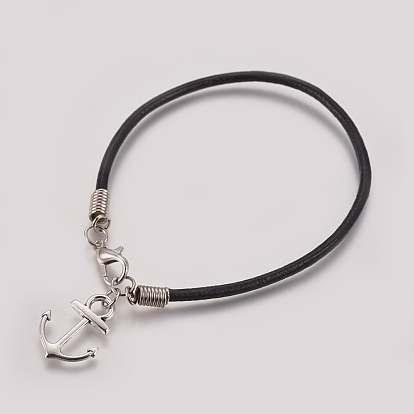 Unisex Charm Bracelets, with Cowhide Leather Cord, Tibetan Style Alloy Pendants and Lobster Claw Clasps, Anchor