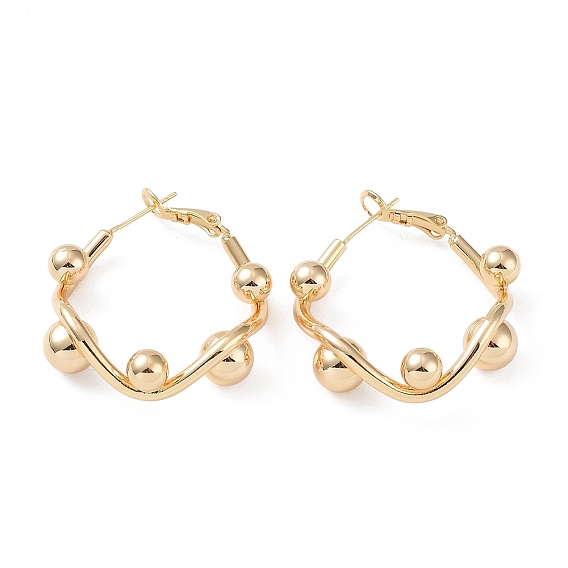 Brass Round Beaded Rhombus Hoop Earrings, with 925 Sterling Silver Pins for Women