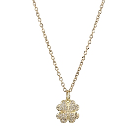 Clover Brass Micro Pave Cubic Zirconia Charms Pendant Necklaces, 304 Stainless Steel Cable Chains Necklaces for Women