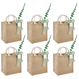 6шт. прямоугольные холщовые сумки-шопперы, с бумажными подарочными бирками 6 шт., 5м полиэстеровая шифоновая лента и 6шт. искусственные листья эвкалипта из полиэтиленового пластика и утюга