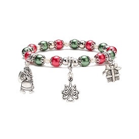 Pulsera elástica con perlas de vidrio, árbol de navidad y santa claus y caja de regalo pulsera de aleación para mujer