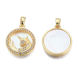 Brass Micro Pave Clear Cubic Zirconia Pendants, with  Natural Shell, Real 18K Gold Plated, Nickel Free, Flat Round with Unicorn