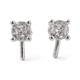 Brass with Clear Cubic Zirconia Stud Earring Findings, Flat Round