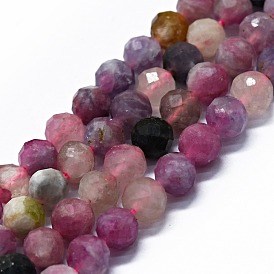 Natural Plum Blossom Tourmaline Beads Strands, Faceted(64 Facets), Round