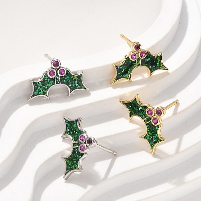 Латунные микро проложить серьги стержня кубического циркония, с эмалью и пайеткой, стойки покрытие, долговечный, без свинца и без кадмия, Холли листьев