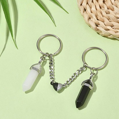 Natural Black Obsidian & White Jade Bullet Keychain, Alloy Magnetic Heart Clasp Couple Keychain, with Iron Split Key Rings