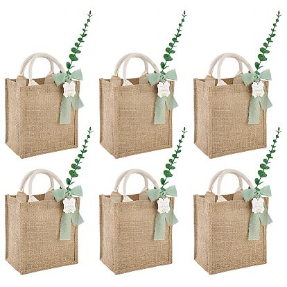 6шт. прямоугольные холщовые сумки-шопперы, с бумажными подарочными бирками 6 шт., 5м полиэстеровая шифоновая лента и 6шт. искусственные листья эвкалипта из полиэтиленового пластика и утюга