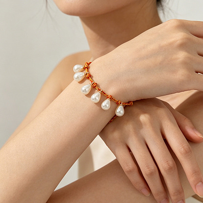 Imitation Pearl Teardrop Charm Adjustable Braided Cotton Cord Bracelets for Women