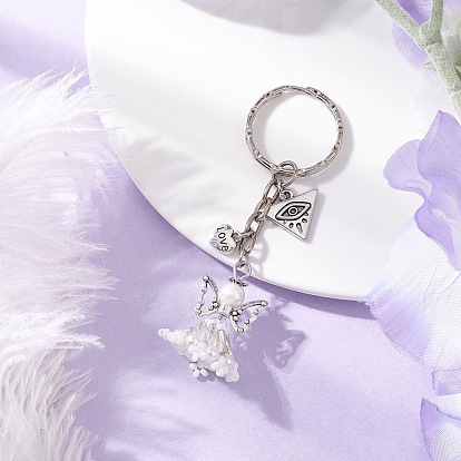 Брелки из стеклянных бусин в виде ангела, с железными кольцами для ключей, старинное серебро и платина