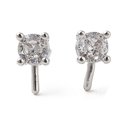Brass with Clear Cubic Zirconia Stud Earring Findings, Cadmium Free & Nickel Free & Lead Free, Flat Round