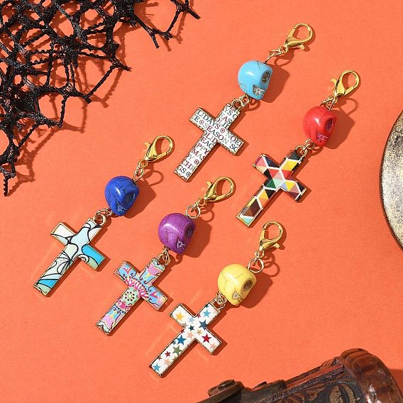 5 шт. подвесные кресты из эмалевого сплава, с перекрещивающимися бусинами из синтетической бирюзы и застежками-карабинами