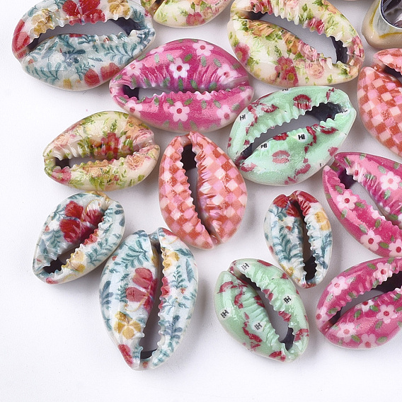 Printed Cowrie Shell Beads, No Hole/Undrilled
