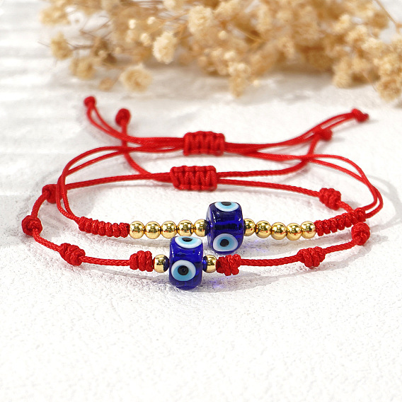Браслеты из плетеных бусин из стекла и латуни, плетеные браслеты из вощеного шнура для женщин, Колонна с дурным глазом, золотые