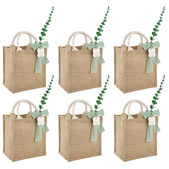 6шт. прямоугольные холщовые сумки-шопперы, с бумажными подарочными бирками 6 шт., 5м полиэстеровая шифоновая лента и 6шт. искусственные листья эвкалипта из полиэтиленового пластика и утюга