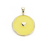 Brass Enamel Pendants, Cadmium Free & Nickel Free & Lead Free, Real 16K Gold Plated, Flat Round with Heart