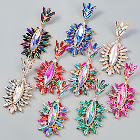 Exaggerated willow leaf-shaped alloy diamond-studded flower earrings women's trend color diamond earrings earrings