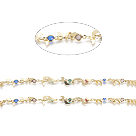 Brass Handmade Beaded Chains, Cable Chains, with Colorful Glass Rhinestone, Long-Lasting Plated, Soldered, with Spool, Flat Round with Moon