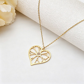 304 Stainless Steel Hollow Out Heart with Flower Pendant Necklaces for Women