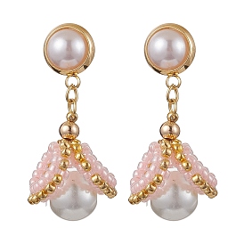 Glass Seed Bead Shell Shape Dangle Stud Earrings, with Glass Pearl Beads