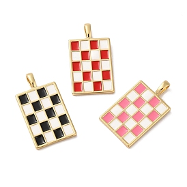 Brass Enamel Pendants, Long-Lasting Plated, Lead Free & Cadmium Free, Rectangle with Tartan Charms, Real 18K Gold Plated