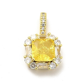 Brass Micro Pave Clear Cubic Zirconia Pendants, with Yellow Glass, Square