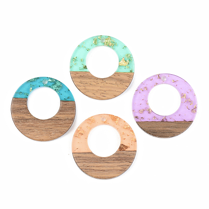 Transparent Resin & Walnut Wood Pendants, with Gold Foil, Flat Round