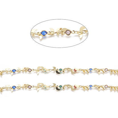 Brass Handmade Beaded Chains, Cable Chains, with Colorful Glass Rhinestone, Long-Lasting Plated, Soldered, with Spool, Flat Round with Moon
