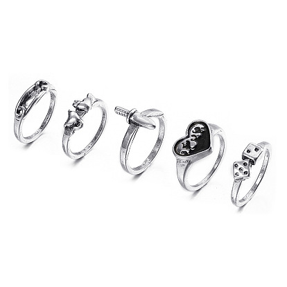 Retro Snake Heart Dice Ring Set - 6 Pieces of Creative Alloy Chain Rings