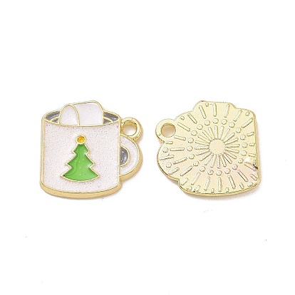Christmas Theme Rack Plating Alloy Enamel Charms, with Glitter Powder, Light Gold Tone Cup with Christmas Tree Pattern