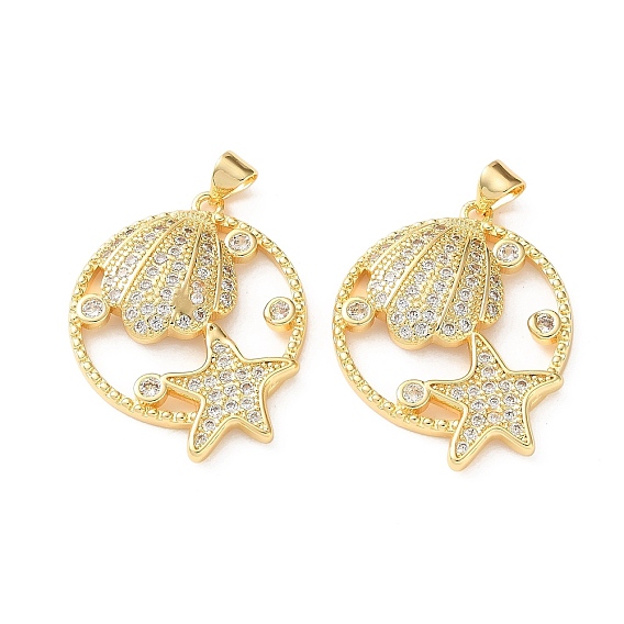 Latón micro pavimenta claro colgantes de circonio cúbico, Plano, redondo, con forma de concha y dijes de estrella de mar., sin plomo y cadmio, chapado en rack, larga duración plateado