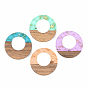 Transparent Resin & Walnut Wood Pendants, with Gold Foil, Flat Round