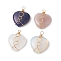 Mixed Gemstones Copper Wire Wrapped Pendants, Heart Charms, Golden, Mixed Dyed and Undyed