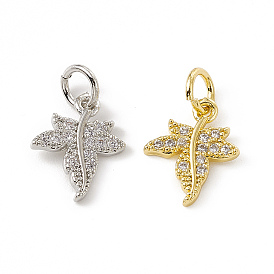 Brass Micro Pave Clear Cubic Zirconia Maple Leaf Charms, with Open Jump Rings