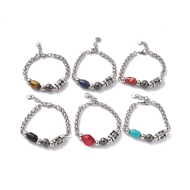 Mixed Gemstone Beaded Bracelet for Girl Women, 201 Stainless Steel Wheat Chain Bracelet, Antique Silver & Stainless Steel Color
