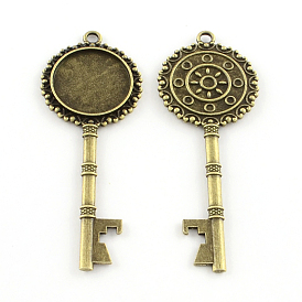Tibetan Style Key Alloy Pendant Cabochon Settings, Lead Free & Cadmium Free, Tray: 20mm, 71x27x3mm, Hole: 3mm, about 165pcs/1000g