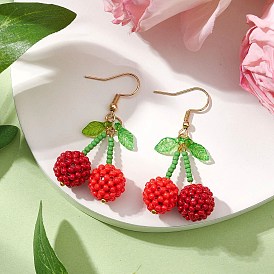 Glass Seed Beads Cherry Dangle Earrings, 304 Stainless Steel Earring Hooks for Women, Golden