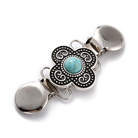 Vintage Alloy Cardigan Clips, Sweater Collar Clip, with Turquoise, Flower, Antique Silver