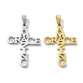 304 Stainless Steel Pendants, Corss with Word Amazing Grace Charms