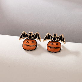 Spooky Pumpkin Bat Oil Drop Earrings for Halloween Costume Party