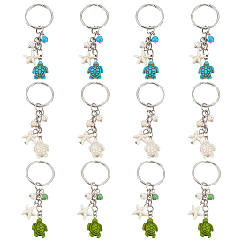 12шт 3 стиль синтетические бирюзовые брелки, с железными кольцами, черепаха с морской звездой, платина